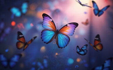 Magical swarm of colorful butterflies fluttering in a dreamy enchanting soft light forest