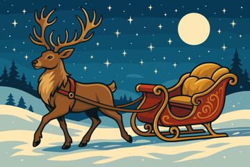 Reindeer pulling a festive sleigh under a starry night, joyful mood, in a winter scene, copy space