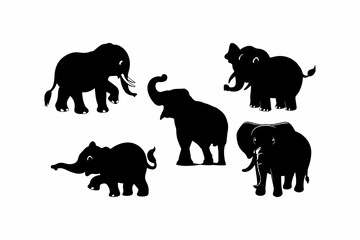Elephant silhouette vector bundle set – 5 unique black elephant animal icons perfect for wildlife conservation posters, zoo logo design, t-shirt prints, educational graphics and decorations