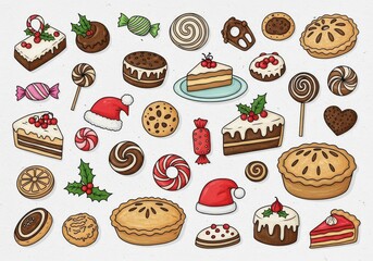 A delightful assortment of festive christmas sweets and baked goods, including cakes, pies, cookies, and candies