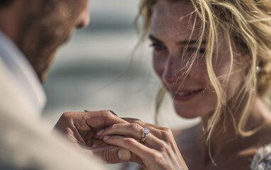 close-up of a woman smiling and wearing an engagement ring, a happy blonde girl with a man in a beach background,
