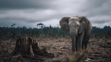 Obraz premium An elephant stands in a desolate deforested landscape under an overcast sky symbolizing environmental destruction