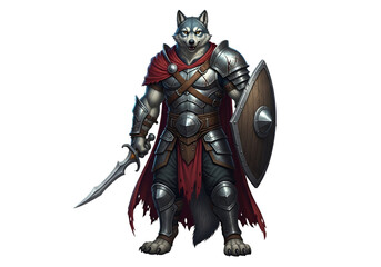 A formidable warrior, a gray wolf-like creature, stands poised in full plate armor, ready for battle, holding a sword and shield.