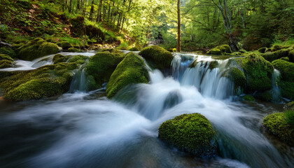 Small Cascades With Water Flowing In The Forest