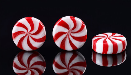 Fototapeta premium Three Red And White Peppermint Candies On A Black Background