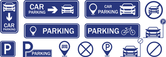 Car parking icon set, Car parking area and parking sign set. car, Bicycle parking symbol. No parking icon collection. vector illustration on transparent background.