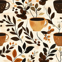Rustic coffee seamless pattern featuring cups, beans, and branches in warm earthy tones, cozy and inviting design perfect for kitchen textiles, café branding, packaging, and stylish coffee-themed.