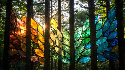 Fototapeta premium Enchanting forest art installation with multicolored glass panels