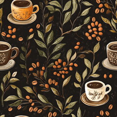 Rustic coffee seamless pattern featuring cups, beans, and branches in warm earthy tones, cozy and inviting design perfect for kitchen textiles, café branding, packaging, and stylish coffee-themed.