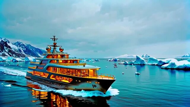 A large ship sailing through icy waters with icebergs in the background. The ship is illuminated with orange lights, making it stand out against the cold, snowy landscape.