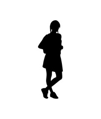 A bold, black silhouette of a young woman wearing a backpack and casual clothes, standing confidently.