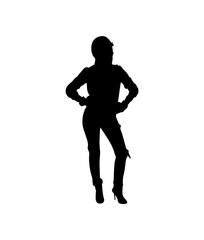 A bold, black silhouette of a woman in fashionable clothing, hands on hips, standing confidently against a plain white background.