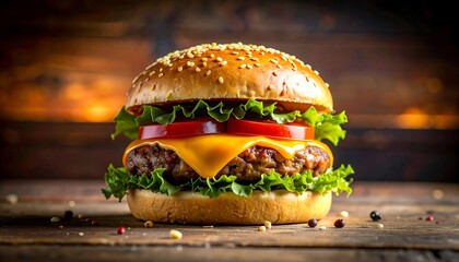 A mouthwatering, golden-topped sesame seed bun encases a perfectly cooked burger patty, cheese, tomato, and lettuce. It sits on a rustic wooden table
