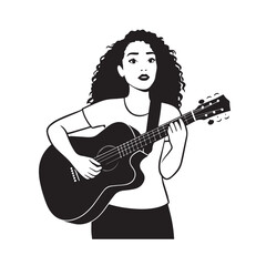 Obraz premium Black and white line art of a cool woman playing guitar in casual outfit minimalist stylish illustration
