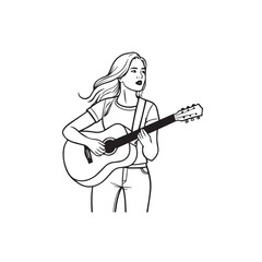 Black and white line art of a cool woman playing guitar in casual outfit minimalist stylish illustration