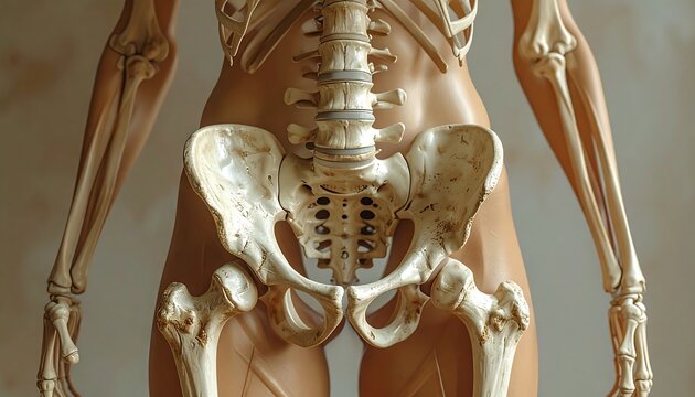 Human skeleton anatomy, close-up view of hips and spine