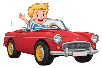 Cheerful Blond Boy Driving a Red Vintage Convertible Car with Yellow Wheel Hubs and a Blank License Plate transparent background isolated on a transparent background