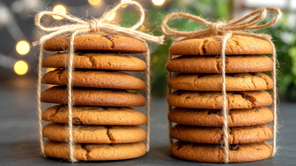 Stacks of homemade cookies tied with rustic twine and bokeh