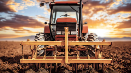 Farmer on tractor working soybean crops during spring evening