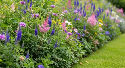 Obraz premium A vibrant border of colorful summer flowers in a garden with lush green grass