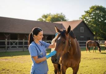 Female veterinarian examining a brown horse on a farm. Equine vet providing medical health care. Professional animal care occupation
