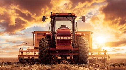Farmer on Red Tractor Cultivating Soybean Field at Spring Sunset