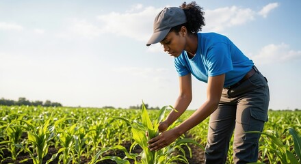 A female farmer inspecting a young corn plant in a sunny agricultural field. Agronomist checking crop growth. Modern farming and food production concept