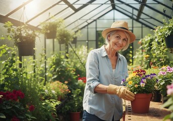 Obraz premium Happy senior woman gardening in a greenhouse. Portrait of a mature gardener with flowers. Active retirement and hobby concept