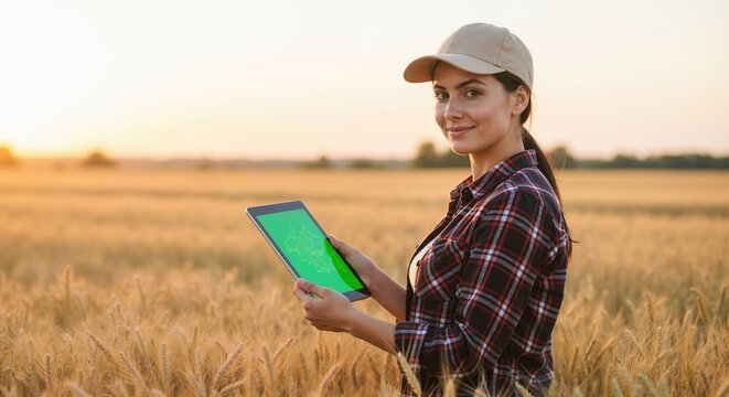 Female farmer using a digital tablet in a golden wheat field at sunset. Modern agriculture and smart farming technology concept