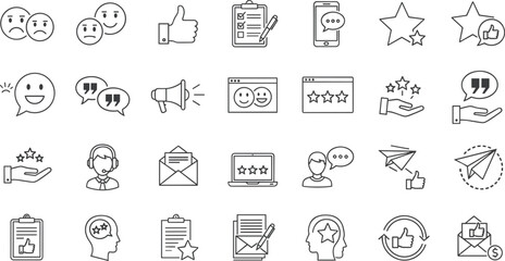 Collection of Icons Representing Customer Feedback, Reviews, Satisfaction, and Communication