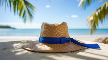 Straw fedora hat with blue ribbon on tropical beach