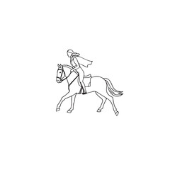 Black and white line art of a beautiful woman with perfect body riding horse elegant minimalist illustration
