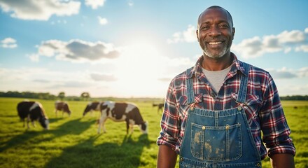 Portrait of a smiling African American farmer on his dairy farm. A proud man standing in a sunny pasture with his herd of cows. Agriculture and rural lifestyle concept