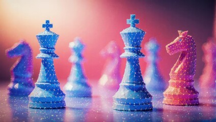 Strategic chess pieces glow with vibrant energy, symbolizing decisive moves and modern business competition in a dynamic abstract setting.