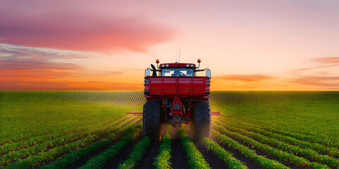 Rear view of tractor in farmland with long shadows at sunset