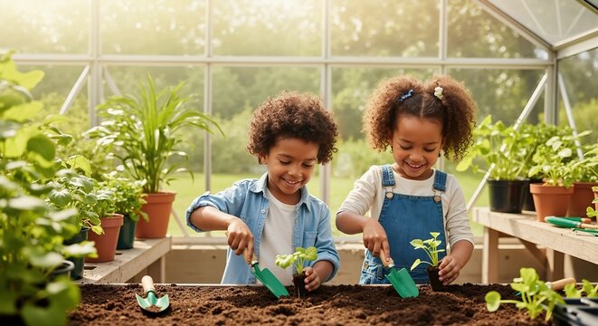 Happy Black children gardening together in a sunlit greenhouse. A young brother and sister planting seedlings in soil. Environmental education and hands-on learning activity
