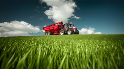 Fototapeta premium Farming tractor captured from ground angle with clouds overhead