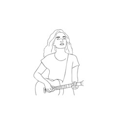 Black and white line art of a cool woman playing guitar in casual outfit minimalist stylish illustration