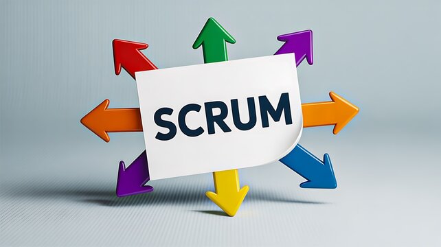 Agile scrum concept with colorful arrows and central label on white background