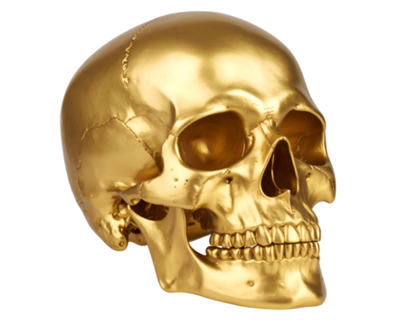 A detailed golden skull sculpture showcasing intricate features and a reflective , symbolizing art and creativity.