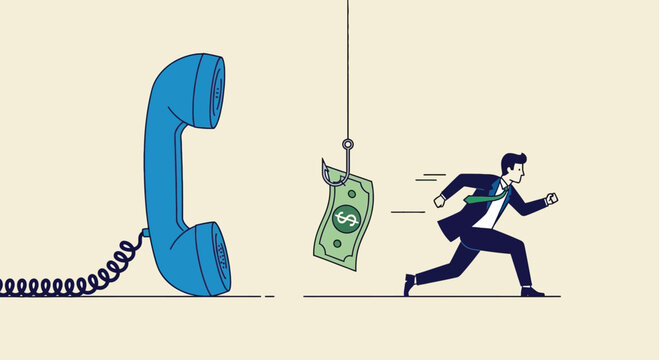 Businessman chasing money bait hooked to phone symbolizing scam