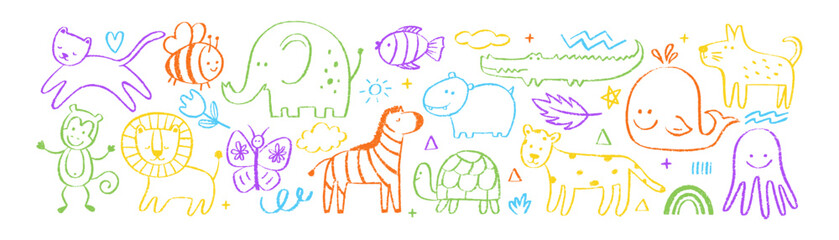 Set of cute animals with organic texture of crayon, chalk or pastel . Lion, elephant, monkey, octopus. Color vector illustration on a white background.