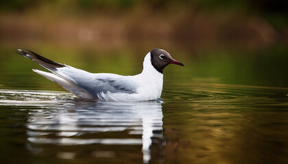 Obraz premium A Black Headed Gull Chroicocephalus Ridibundus Swimming In A Pond
