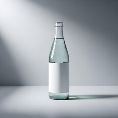 Glass Bottle of Sparkling Water with Blank Label on Minimalist Gray Background