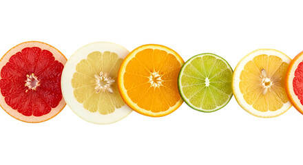 Fototapeta premium Colorful citrus fruit slices isolated on transparent background, including grapefruit, pomelo, orange, lime, and lemon, creating a vibrant and refreshing display of healthy and natural ingredients