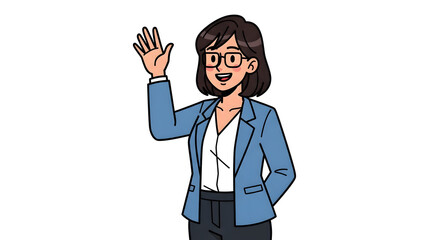 A friendly professional woman with glasses wearing a blue blazer waving her hand in a welcoming gesture, isolated vector character illustration