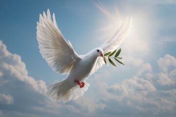 Obraz premium white dove flying in clear blue sky with olive branch in its beak, sunlight rays shining from behind clouds, symbol of world peace, no text.