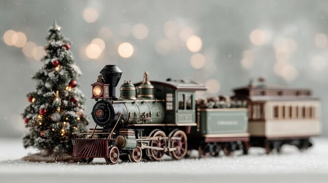 Vintage steam train model with festive decorations and a Christmas tree, surrounded by soft snow, creating a warm holiday atmosphere and evoking nostalgic feelings of the season - Powered by Adobe