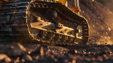 Excavator track detail in macro shot over rugged terrain