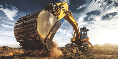 Low-angle view of yellow excavator digging at construction site